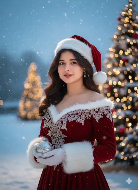 Ultra-realistic 8K cinematic portrait of a woman dressed as elegant Mrs. Claus in a snowy Christmas scene, inspired by the attached reference. Replace her face with the attached image, preserving facial features, expression, and skin tones, seamlessly matching the lighting. Outdoors, snow-covered landscape, decorated Christmas trees with golden bokeh lights. She holds a silver ornament, serene sweet smile, long natural hair, light festive makeup with red lips and subtle eyeliner. Deep red velvet off-shoulder dress with silver-white embroidery and soft white fur trim, red Santa hat slightly tilted, optional white gloves. Snow gently falling, magical festive atmosphere.