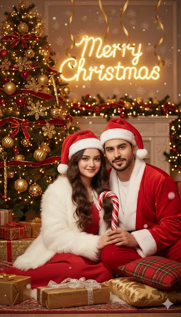 A festive Indian couple celebrating Christmas together. The woman is wearing a traditional red and cream lehenga with floral patterns, elegant jewelry, bangles, and a small bindi. The man is dressed as Santa Claus in a red velvet suit with white fur trim and a Santa hat. They are standing close together, smiling warmly, and holding a beautifully wrapped golden Christmas gift with a red ribbon. Behind them, a decorated Christmas tree with ornaments, lights, and a glowing star topper shines brightly. Warm, cozy lighting with soft bokeh fairy lights in the background creates a joyful Christmas atmosphere.100% face matching with generate image.