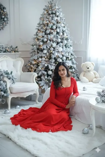 A hyper-realistic, cinematic scene of a young woman  in an elegant red gown sitting gracefully on a fluffy snow-like carpet in a lavish Christmas-themed room. The background features a beautifully decorated Christmas tree adorned with frosted silver and white ornaments, soft white fairy lights, and snowy branches. Around her, ornate vintage furniture, white garlands with frosted pine, delicate baubles, and a plush teddy bear on the bed create a serene festive atmosphere. The room is bathed in cool daylight tones, with natural white light streaming through the window, softening the entire scene. Gentle highlights accentuate the intricate textures of her flowing gown and the snowy décor. The composition evokes a dreamy winter wonderland, filled with purity, calmness, and holiday enchantment.