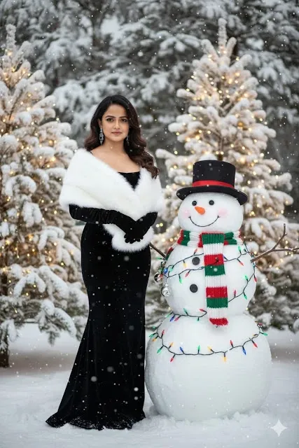 A beautiful woman in an elegant black velvet gown and a white fur stole, wearing long black gloves and sparkling earrings, stands beside a decorated snowman in a magical, snowy winter wonderland. The background features snow-covered pine trees illuminated with twinkling golden string lights, and gentle snowfall adds to the festive atmosphere. The woman has long, dark, wavy hair and is looking towards the viewer with a serene expression. The snowman is adorned with a top hat, a colorful striped scarf, and a string of multi-colored Christmas lights and ornaments. The overall scene evokes a luxurious and enchanting holiday spirit. DO NOT CHANGE MY FEATURES.