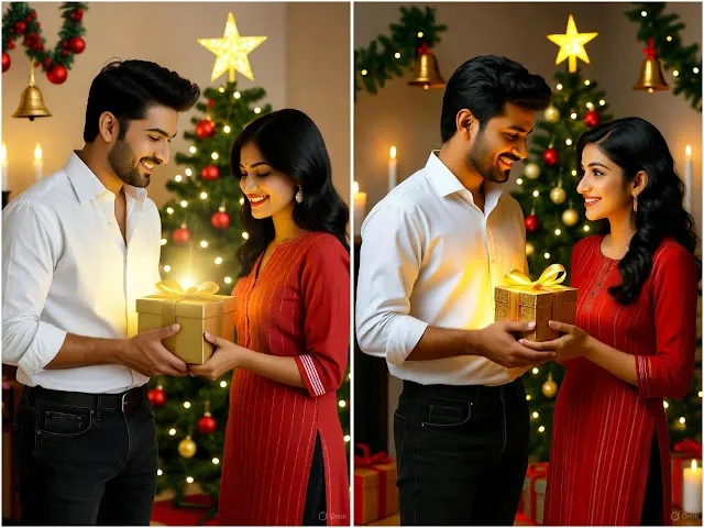 A highly realistic Indian couple celebrating Christmas together indoors, surrounded by warm festive lighting and a decorated Christmas tree with glowing fairy lights and a shining star topper. The young Indian man is wearing a stylish white shirt with black jeans, smiling lovingly, while the beautiful Indian woman beside him is wearing a red kurti with elegant white stripes and soft wavy black hair. Both are exchanging a glowing Christmas gift box that emits a golden light on their faces. In the background, Christmas decorations like garlands, bells, and candles create a cozy atmosphere. Realistic facial expressions, festive smiles, cinematic lighting, DSLR depth of field, ultra-detailed texture, 8K UHD photo realism.