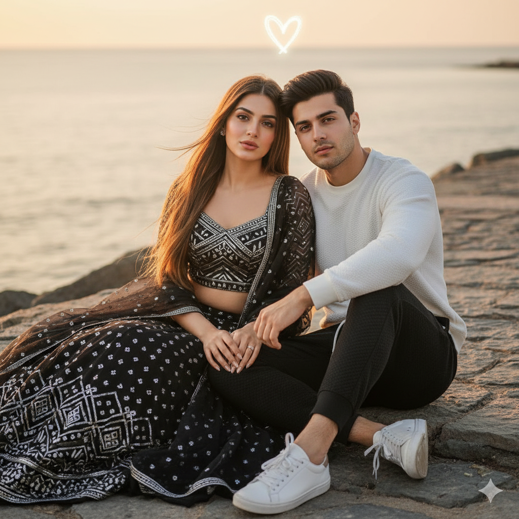 Ultra-realistic cinematic selfie of a romantic couple sitting close together on a stone pathway by the seaside during golden hour. The girl has long, straight brown hair, natural makeup, and a soft expression with slightly pouty lips. She is wearing a stunning dark-colored lehenga set: a deep black crop top with intricate silver geometric patterns and embellishments, and a matching sheer dupatta draped gracefully over her shoulder, enhancing the traditional and elegant appeal. The boy’s face and hairstyle exactly match the uploaded reference image, perfectly styled and facing the camera. He is wearing a white textured long-sleeve crew-neck sweatshirt, loose-fitting for comfort, paired with black textured joggers with a drawstring waist, tapered at the ankles, and classic white lace-up sneakers. Both outfits remain exactly as described. A delicate, hand-drawn heart floats above them. Cozy, loving, and intimate atmosphere with warm sunset lighting reflecting on the water. Candid, romantic, and dreamy mood. Preserve both of our faces and expressions 100% as in the reference images.
