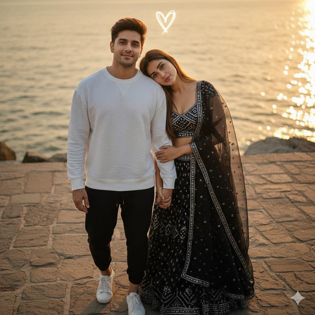 Ultra-realistic cinematic selfie of a romantic couple standing on a stone pathway by the seaside during golden hour. The boy's face and hairstyle exactly match the uploaded reference image, perfectly styled, facing the camera directly with a warm, gentle smile. One hand gently holds the girl's hand, while the other rests relaxed by his side. He is wearing a white textured long-sleeve crew-neck sweatshirt, loose-fitting for comfort, paired with black textured joggers with a drawstring waist, tapered at the ankles, and classic white lace-up sneakers. The girl has long, straight brown hair, natural makeup, and a soft expression with slightly pouty lips. She is wearing a stunning dark-colored lehenga set: a deep black crop top with intricate silver geometric patterns and embellishments, and a matching sheer dupatta draped gracefully over her shoulder. She is standing slightly behind him, leaning softly on his shoulder, looking at the camera with a dreamy expression. A delicate hand-drawn heart floats above them. Warm golden sunset lighting reflects on the water, creating soft cinematic bokeh, gentle shadows, and dreamy highlights. Preserve both of our faces and expressions 100% as in the reference images. The mood is intimate, cozy, candid, romantic, and cinematic