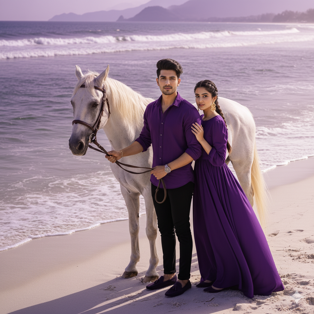 High-angle, ultra-realistic 16K cinematic shot of a stylish young man and his beautiful girlfriend standing on a pristine beach with clear purple ocean in the background. He wears a deep purple casual shirt with sleeves rolled to elbows, black slim-fit chinos, dark purple loafers, silver watch on left wrist, face exactly matching uploaded reference, hairstyle perfectly styled, looking directly at the camera, holding the reins of a real white horse, standing beside him. She wears a deep purple long gown with fitted bodice, flowing skirt, slightly puffed long sleeves, round neckline, matching dark purple shoes, face exactly matching uploaded reference, hair in a neat French braid, gold jhumkas, standing close to him in a romantic pose, leaning gently toward him. Bright natural sunlight, hyper-detailed textures, ultra-vibrant colors, cinematic depth, photorealistic lighting, gentle waves of the clear purple ocean, dreamy Instagram-worthy composition, luxurious and romantic atmosphere, epic wide-angle perspective