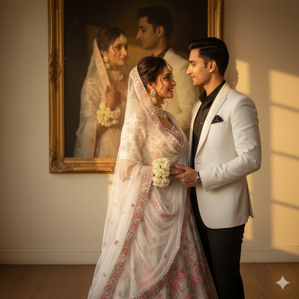 Ultra-realistic 8K cinematic portrait of a young couple standing in a sunlit studio with golden glow. Romantic pose, both facing camera, bride holding dupatta, white luxurious floral bangles in foreground, white lehenga with pink embroidery, matching dupatta, floral jewelry, mehndi, stylish bun with curled strands. Boyfriend wearing black shirt, white suit, black pants, hand on bride's waist. Background wall features a painting of the couple with faces exactly from uploaded reference images. Soft golden light, natural shadows, ultra-detailed textures, luxurious floral composition.