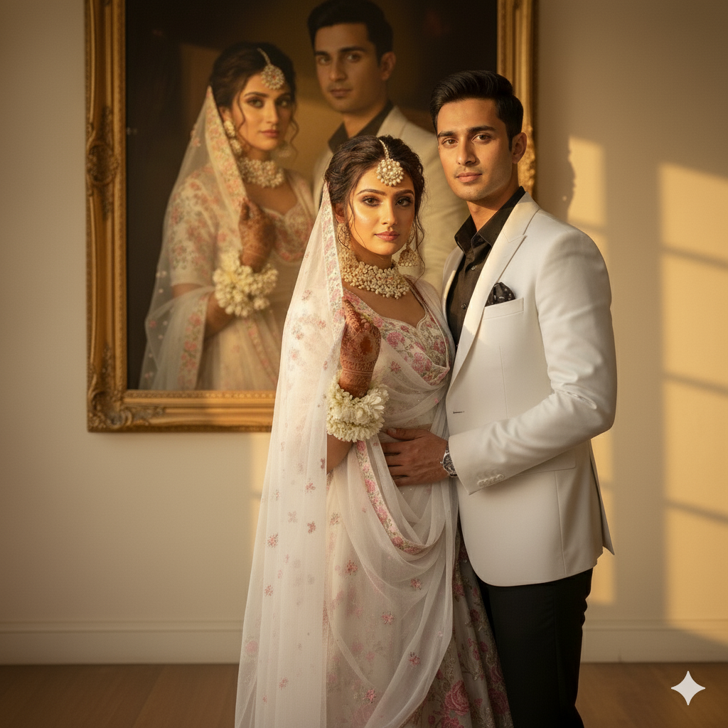 Ultra-realistic 8K cinematic portrait of a young couple in a sunlit studio with golden glow. Romantic pose, both facing camera, bride holding dupatta with one hand, white luxurious floral bangles in foreground, white lehenga with pink embroidery, matching dupatta, floral jewelry, mehndi, stylish bun with curled strands. Boyfriend wearing black shirt, white suit, black pants, standing beside the bride (no hand on her waist). Background wall features a painting of the couple with faces exactly from uploaded reference images. Soft golden light, natural shadows, ultra-detailed textures, luxurious floral composition.