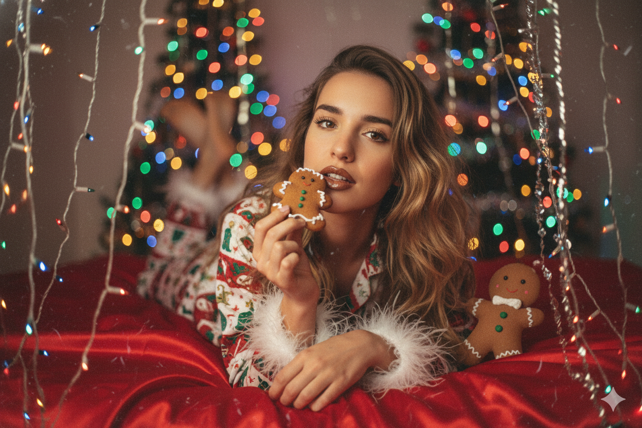 Create photo of me in a dreamy Y2K style portrait, laying on shiny red satin bedding while holding a cookie in my hand. Wearing Christmas pajamas. Long sleeved with feathered ends. Bratz doll lips + long lashes Room: girly + daydreamy with Christmas lights, and Christmas bedding Glam makeup: brown lip liner + brown gloss. Grainy 90s photo style, lit by Christmas tree in a dimly lit room, tinsel hanging with hanging lights and LED lights. Background: bright colors. bright colors of red and green Gingerbread doll sitting next to me. Make my facial features match selfies. Laying on my belly, feet up. Make it look just like me using my face in the photo