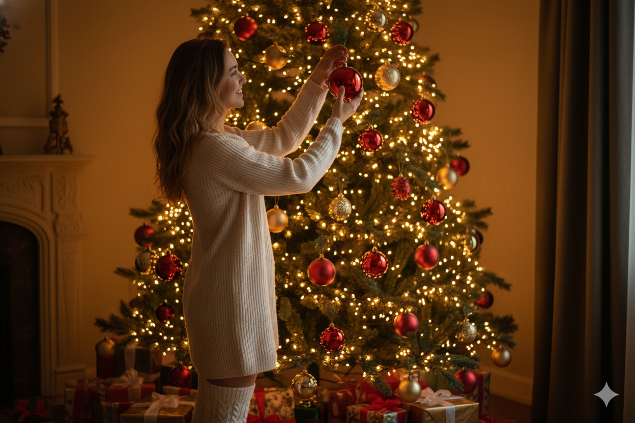 Using the photo I provided Create an Ultra-realistic photo of a woman standing by a tall Christmas tree, carefully hanging a shiny red ornament on one of the branches. She wears a cozy cream sweater dress with over-the-knee white socks, her long wavy hair falling softly. Warm golden fairy lights glow on the tree, with wrapped gifts beneath. The scene feels intimate, cinematic, and full of holiday spirit.do not change my face