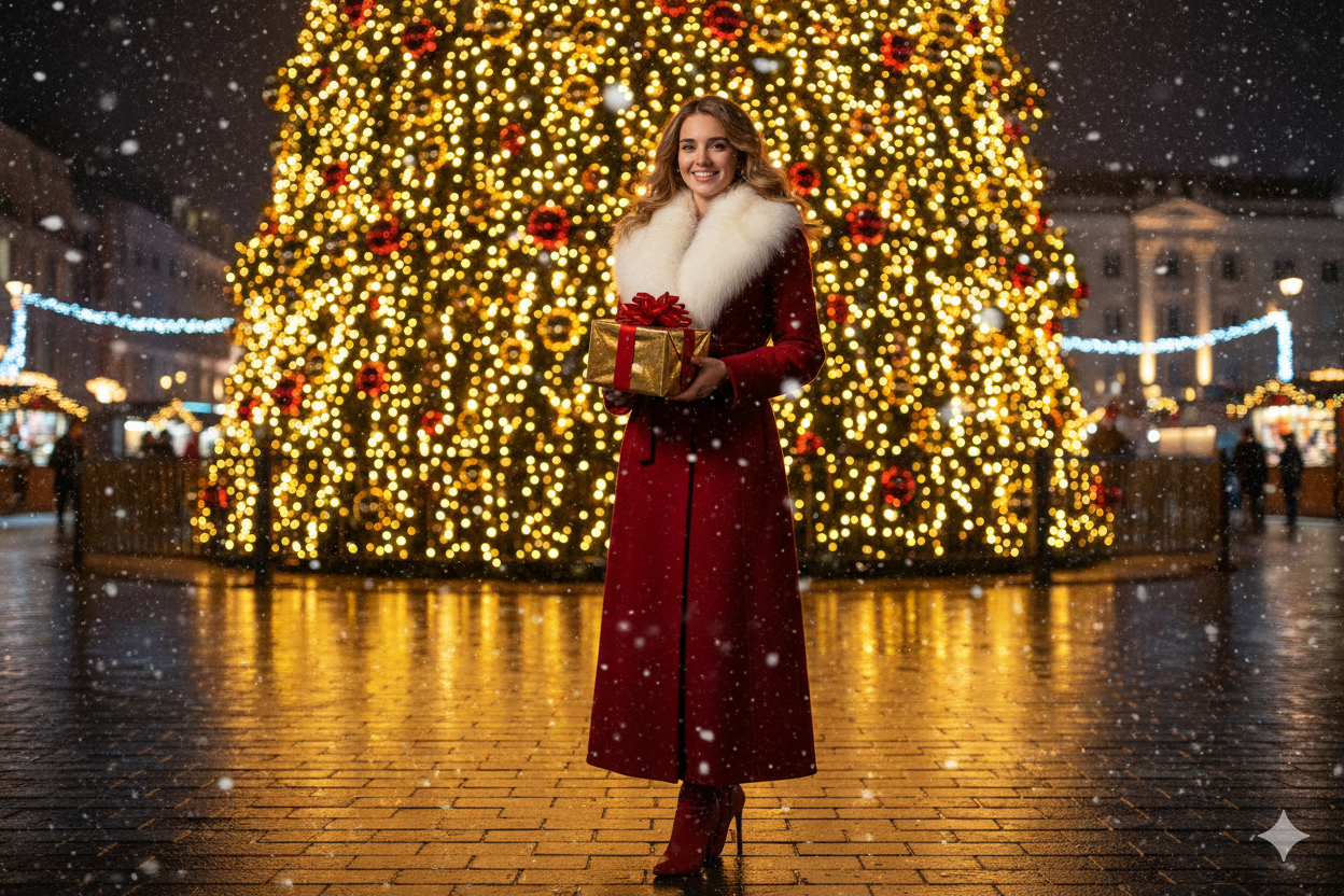 Using the photo I provided Create "Photorealistic cinematic portrait of a woman outdoors at night, standing in front of a giant public Christmas tree covered in glowing lights. She wears a luxurious red coat with fur collar and high heels, holding a wrapped present in one hand. Snow falls gently, and the background shows festive decorations. Editorial style, 4K detail.do not change my face