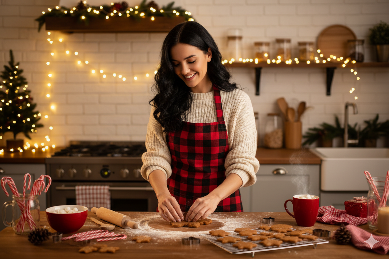 Using the photo I provided Create a Realistic cozy Christmas scene of a woman in a decorated kitchen, wearing a plaid red apron over a soft sweater. She is baking gingerbread cookies, with flour on her hands y sonriendo suavemente. The counter is full of holiday treats, candy canes, and hot cocoa mugs. Warm, authentic, lifestyle vibe with cinematic lighting. Hair is black long wavy Do not change my face