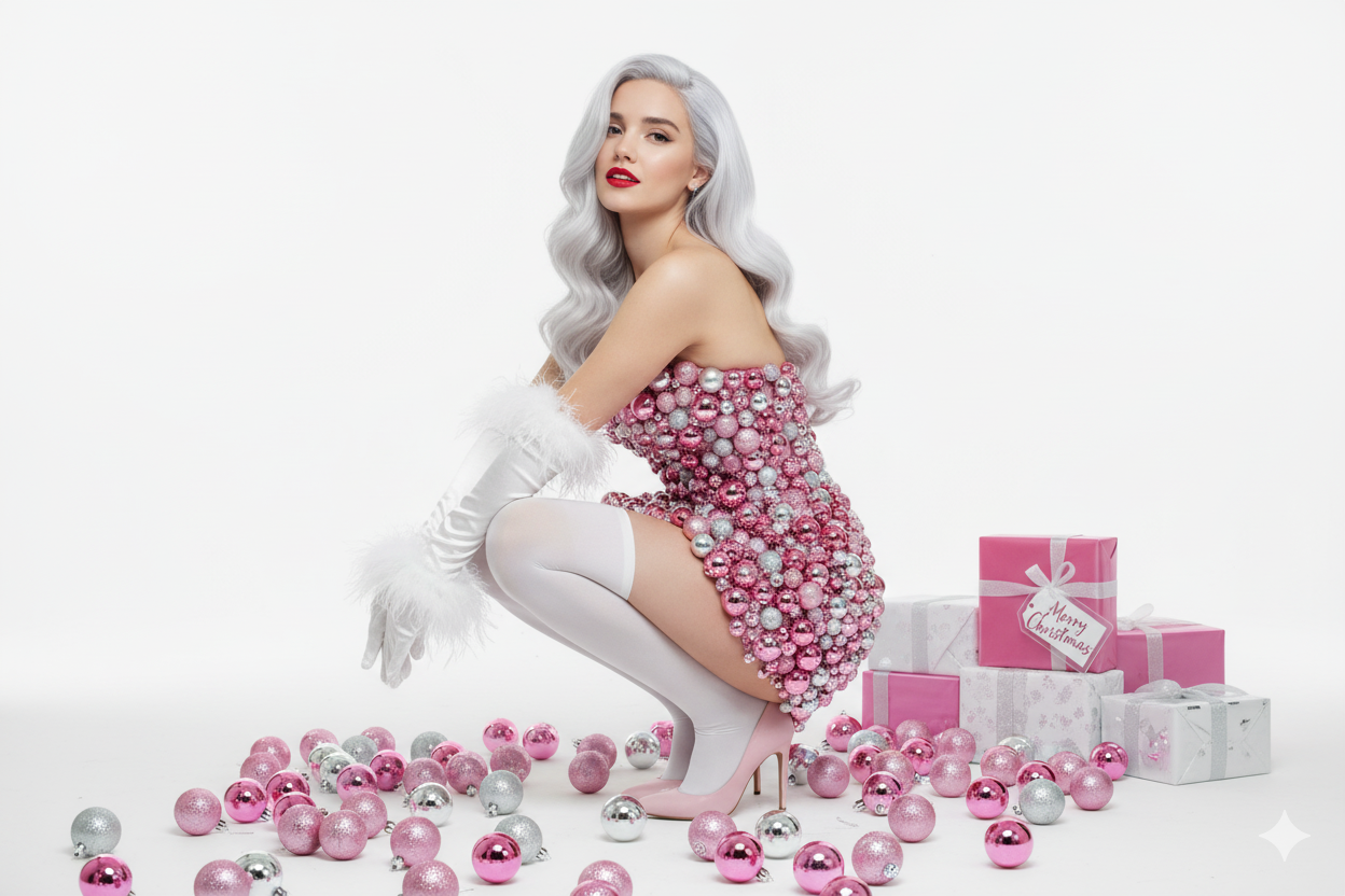 Using the photo I provided create A full-body, photorealistic image of me, posing in a festive, playful squat. I'm wearing a strapless, short dress entirely covered in pink and silver Christmas ornaments. I have long white opera gloves with a feathery trim, white thigh-high stockings, and pink high heels. My blonde hair is styled in glamorous waves, and I have bold red lipstick. I'm surrounded by scattered pink and silver Christmas ornaments and wrapped gifts, with a 'Merry Christmas' tag visible on one gift in the background. The setting is a brightly lit, clean white studio, emphasizing a fun, glamorous, and slightly whimsical Christmas theme