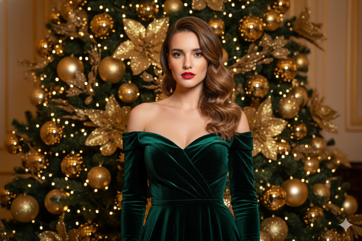 Red lips, gold highlighter, green off-shoulder dress with a grand Christmas tree backdrop - glamorous, festive sophistication.