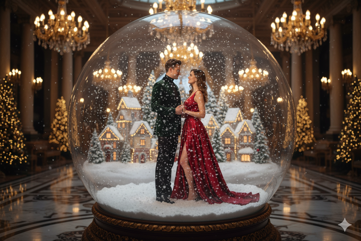 Formal wear inside a snow globe with swirling snow and village lights - luxurious, imaginative, cinematic.