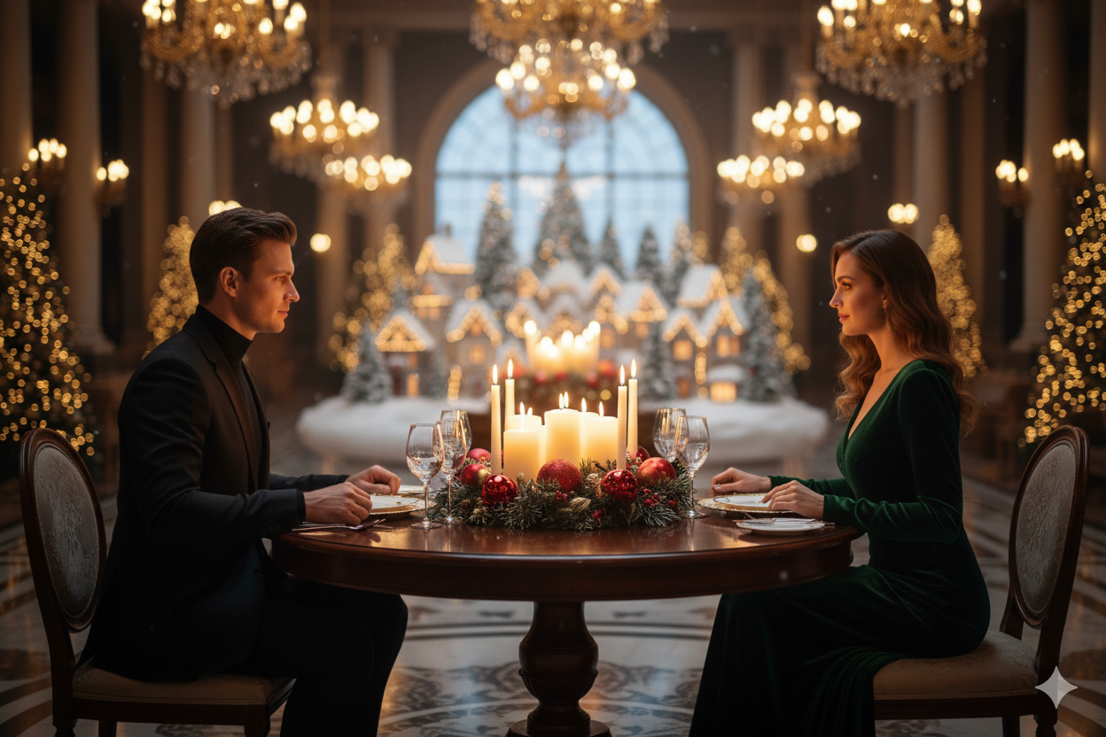 Couple at a decorated dinner table with candles and ornaments - refined, intimate, festive evening tone.