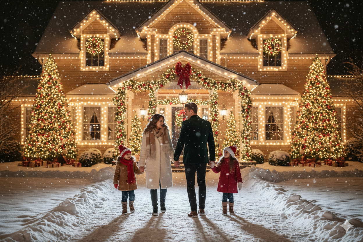 Family walking through falling snow before a decorated house - cozy coats, glowing lights, playful warmth.