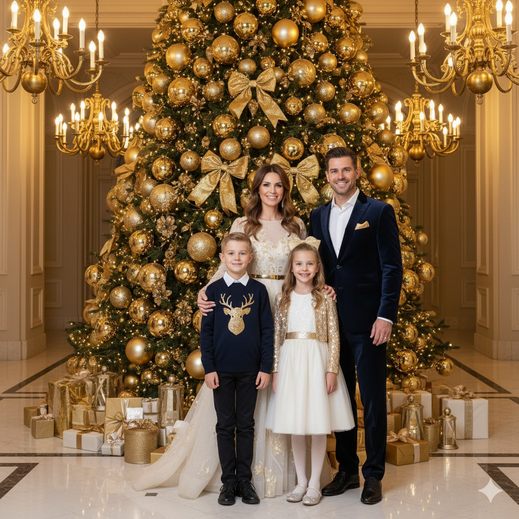 Coordinated gold-accented outfits before a grand Christmas tree - sophisticated yet friendly family unity.