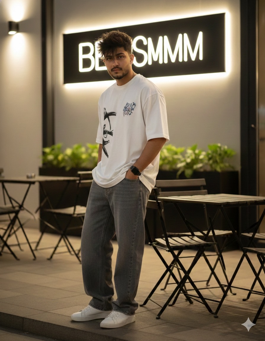 This is without changing his face and hairstyle to be standing casually with best pose. on a black folding chair in the outdoor area of a night cafe called " beosmm", with a white illuminated sign on the wall of a modern minimalist building. Use the same face he is wearing a Halfwhite oversized shirt with a cool design, combined with loose gray oversized baggy jeans, clean white sneakers and a modern smart watch. posing casually while disheveled spiky hair a young man with hair falling over his eyes face