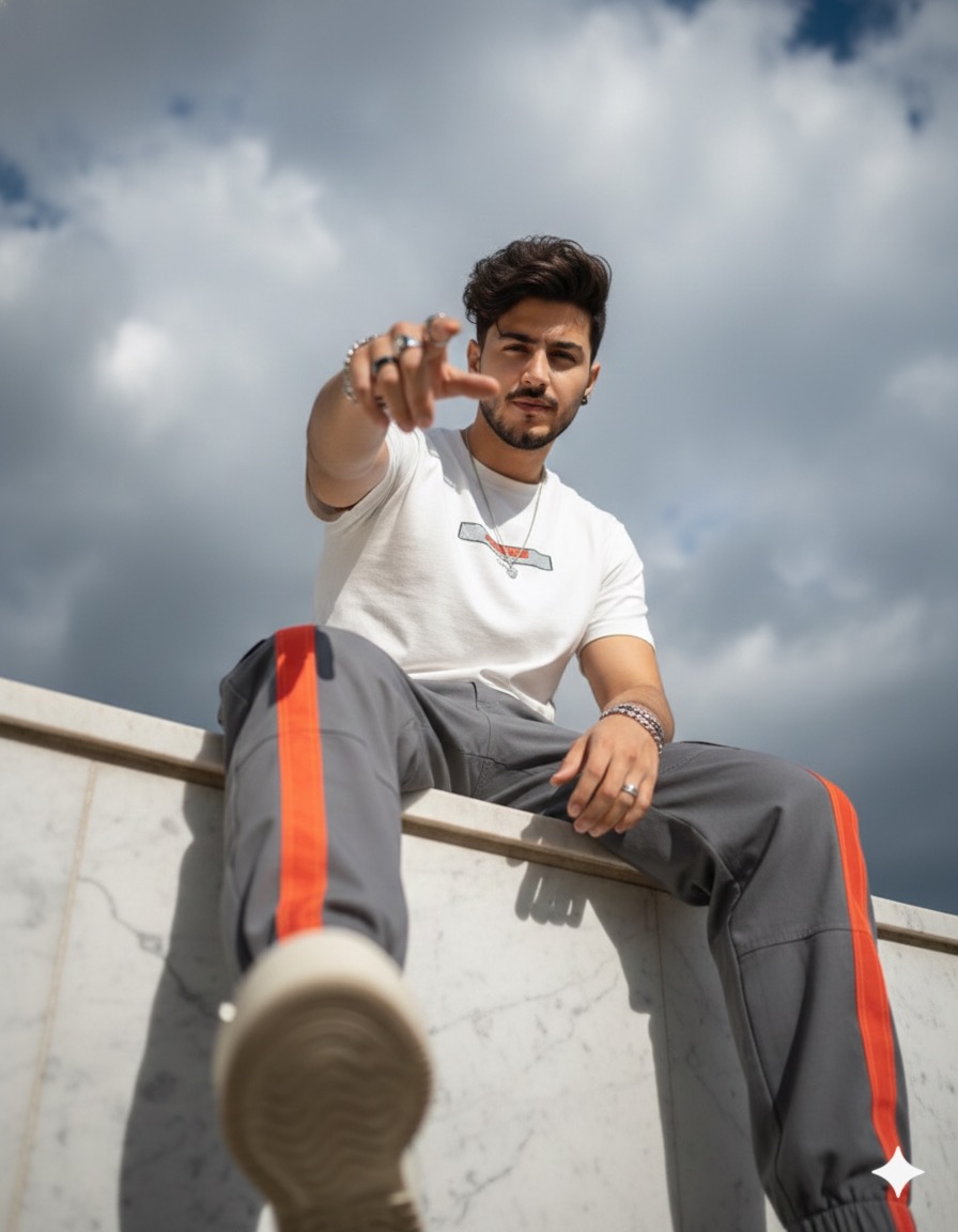 A highly dynamic, low-angle shot looking up at a young man with messy, styled hair, seated on a white ledge or wall against an expressive, cloudy sky. He is wearing a white graphic t-shirt and grey cargo pants with bold orange-red reflective stripes on the calves. He has multiple rings, bracelets, and earrings, and is pointing directly at the camera with a confident, slightly mischievous expression. In the extreme foreground, out of focus but dominant, is the sole of a large.