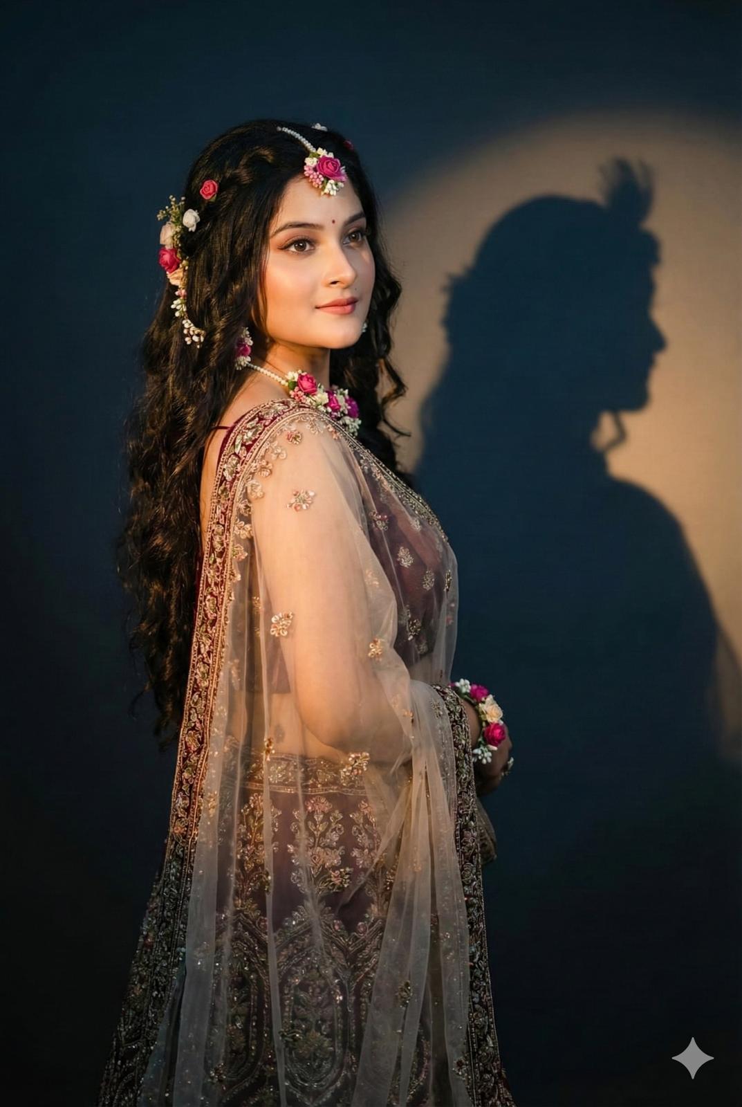 Convert, 4k HD realistic, A stunning portrait of a young O Indian woman converting her into radha with long, dark, wavy hair cascading over her shoulders. She is wearing a 19 translucent, elegant radha ji dress draped over one shoulder, revealing a fitted blouse with simple elegant heavy lehenga. flowers are tucked as a jwellery. She is looking slightly to her right, with a soft, serene expression. I want same face as I uploaded no alternation 100 percent same. The background is a plain, blackish & bluish-toned wall, illuminated by a warm light source from the right, creating a distinct, soft-edged shadow of krishna ji profile and hair on the wall behind her. The overall mood is retro and artistic.