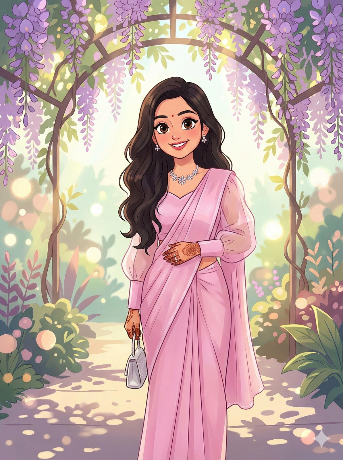 Transform the attached image of a person into a cheerful cute cartoon character. The character should have long, wavy black hair, large expressive brown eyes, and a joyful smile. They should have similar skin color as shown in image with rosy cheeks. Dress the character similar like in image. Place the character amidst a vibrant, blooming wisteria archway, with dappled sunlight filtering through the leaves and purple flowers. The art style should be clean and bright, reminiscent of modern animation, with soft outlines and a gentle color palette. Focus on capturing the essence and features of the person in the attached image while applying these stylistic and clothing details