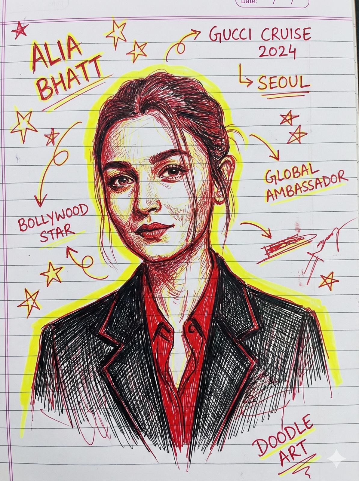 Generate a hand drawn • portrait illustration in red and yellow * pen on notebook paper, * inspired by doodle art and comic annotations. Keep full * - likeness of the subject, * expressive lines, spontaneous gestures, bold outline glow, handwritten notes around, realistic pen stroke texture, 4K resolution