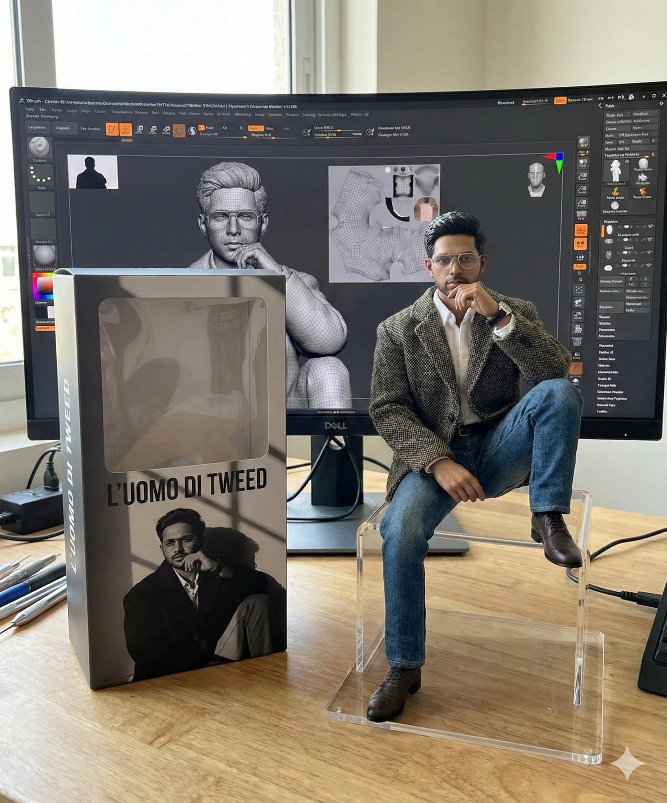 Crea una figure in scala 1/6 del personaggio presente nell'illustrazione, in stile realistico e con ambientazione realistica. Posiziona la figure su un supporto acrilico trasparente. Accanto allo schermo del computer mostra il processo di modellazione in ZBrush della figure. Vicino allo schermo, aggiungi una confezione per giocattoli con il titolo "quello che vuoi", stampato con l'artwork originale.