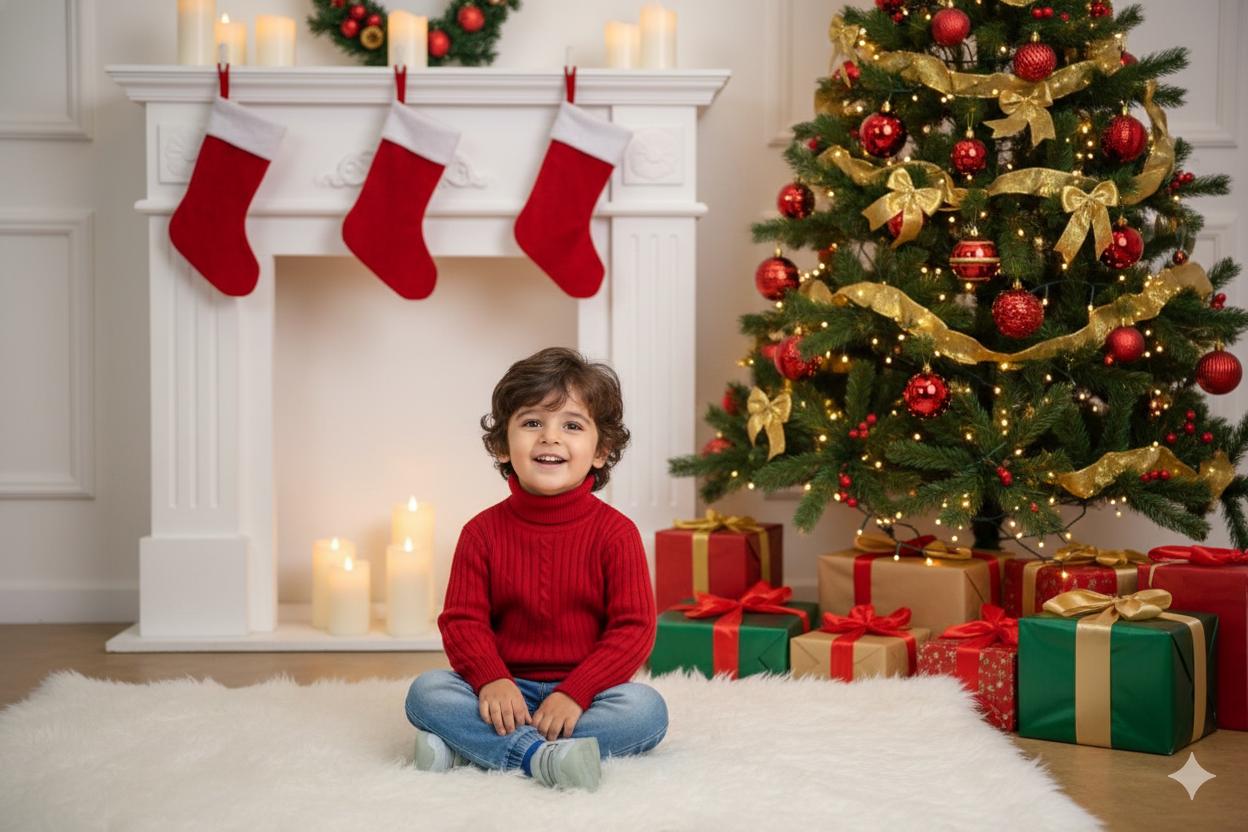 Um menino jovem com cabelo castanho encaracolado, sentado em um tapete de pele falsa branca, sorrindo para a câmera. Ele está vestindo um suéter de gola alta vermelho e calça jeans azul clara. No fundo, uma lareira branca decorada com meias de Natal vermelhas e velas, e uma árvore de Natal verde decorada com laços dourados e bolas vermelhas. Várias caixas de presente embrulhadas estão dispostas perto da árvore. Inclua o menino da foto enviada