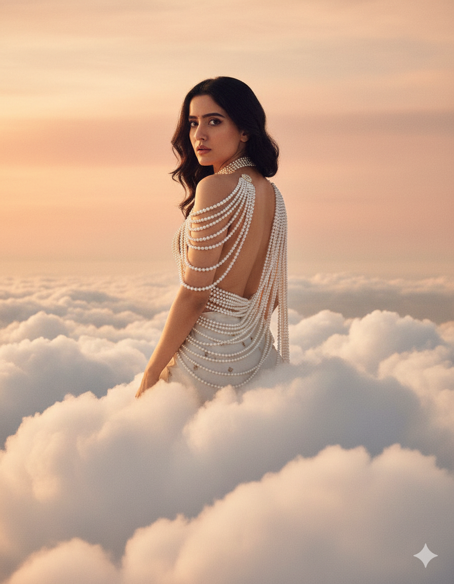 Create an image without changing my face or my hair, don't change anything about my features. Detailed Description of the Photograph This is a conceptual portrait photograph with a distinctly dreamlike and ethereal atmosphere, evoking imagery of a goddess or mythological figure. The Subject and the Pose The subject is a woman with wavy blonde hair who looks directly at the camera over her right shoulder with a serious and intense expression. Much of her torso and back are bare, wrapped in multiple, long strands of white or cream-colored pearls. These pearls are elegantly arranged, cascading down her back and shoulder, creating a visual effect that resembles a delicate garment or armor. The Background and Setting The woman is framed by what appears to be a sky during sunset or golden hour. • Clouds: She is surrounded by large, voluminous, fluffy white clouds that envelop her lower body, suggesting that she is floating or lying in the sky. • Background Color: The sky behind her is tinged with intense, soft hues of orange, peach, and pink, lending a warm and dramatic atmosphere to the scene. Style and Aesthetics The image uses a warm color palette (orange and peach) that contrasts with the bright white of the pearls and clouds, making the figure stand out. The lighting is soft and diffused, accentuating the dreamlike atmosphere. The artwork projects a sense of powerful serenity and timeless beauty, blending the elegance of the pearls with the celestial majesty of the clouds. It is a work clearly inspired by the aesthetics of classical and mythological art (such as a modern-day Aphrodite, who is often associated with the sea and pearls).