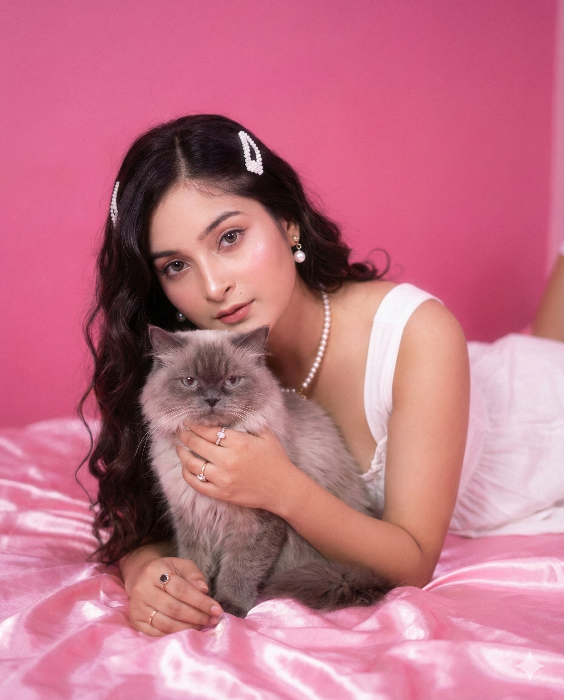 Create a photo of me, and combined to the second photo , see the reference photo in a dreamy Y2K-style portrait of me lounging on a shiny pink satin bed. She hugs her gray Persian Siamese cat.Her long wavy hair flows freely with white hair clips on each side, wears white cute dress and she wears delicate jewelry including pearl accessories and rings. The background is a solid vibrant pink, enhancing the playful, girly, and nostalgic vibe of early 2000s pop culture fashion photography.